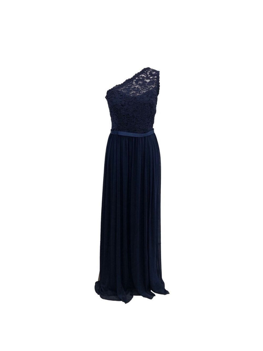David’s Bridal Size 12 one shoulder lace top maxi gown dark blue evening formal - Picture 1 of 14